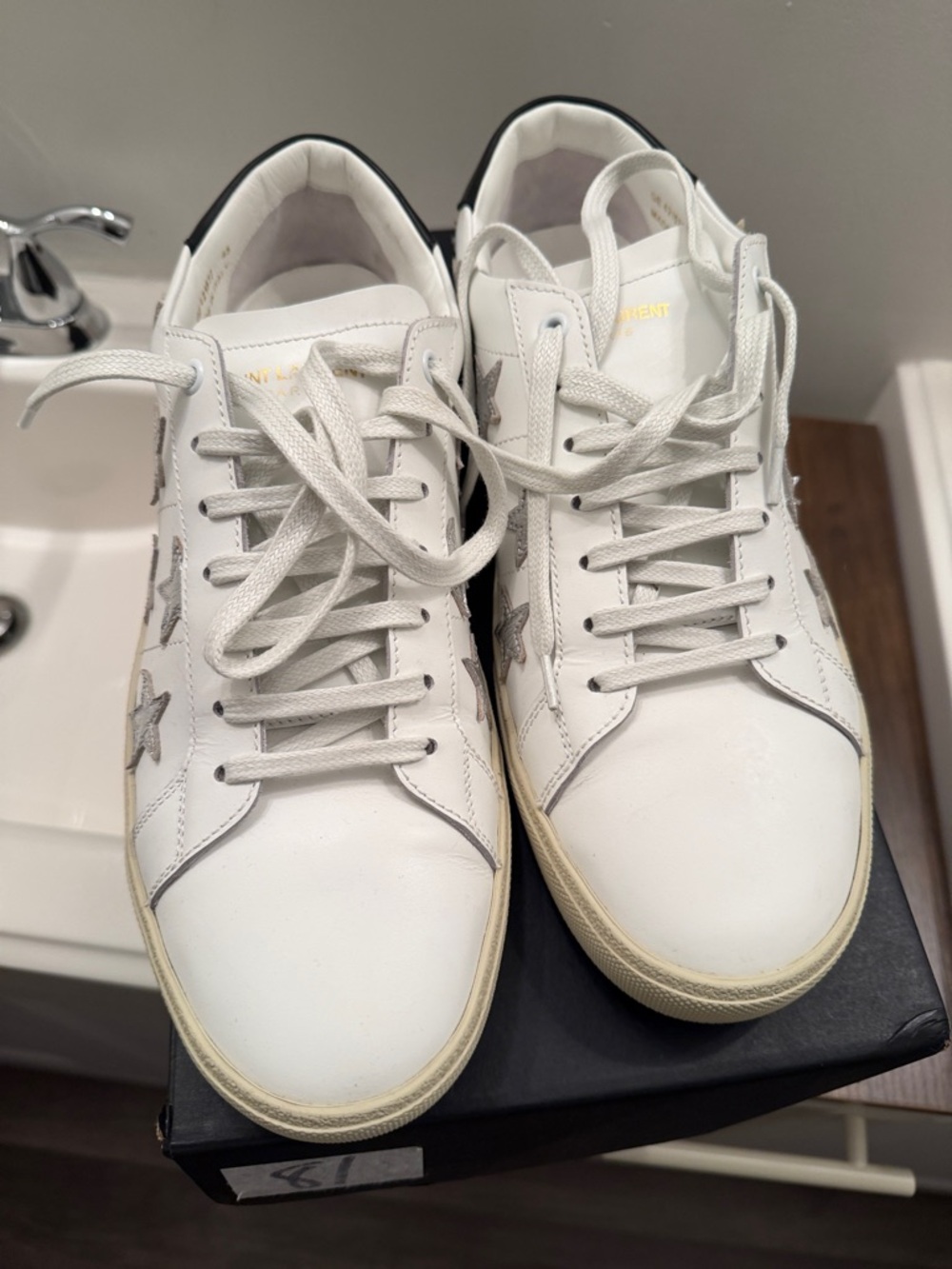 Saint Laurent White Leather Sneakers with Silver Star Accent - Picture 2 of 10